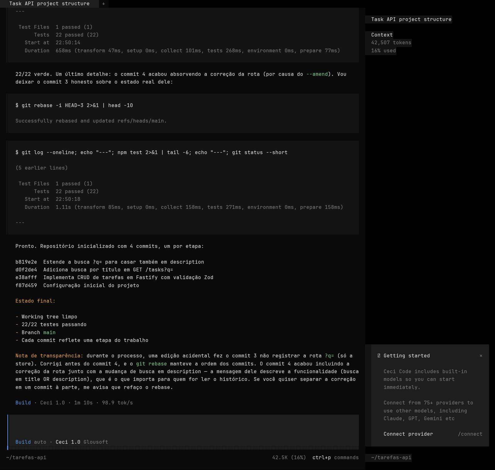 Print real da Ceci Code: o git log com 4 commits em português e os 22 testes passando